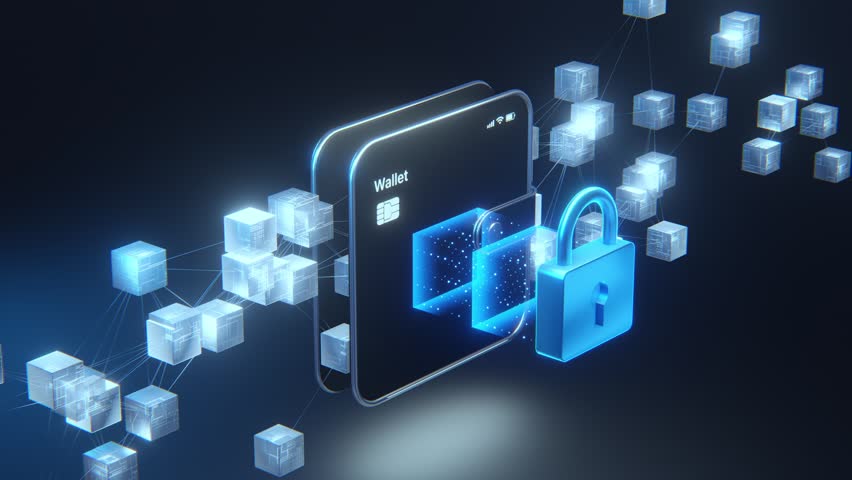 3D secure digital wallet on smartphone with glowing blue padlock, credit card, and connected blockchain cubes on dark blue background. Perfect for fintech security, mobile payment