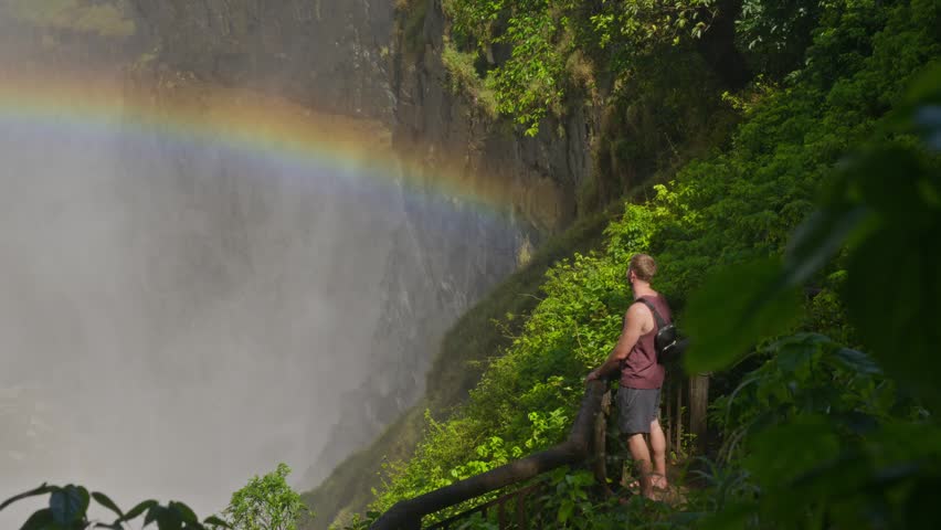 Young male tourist contemplating magnificent Victoria Falls and rainbow from scenic observation point in lush green jungle, appreciating Mosi oa Tunya natural wonder