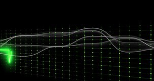 Left pulse sparking neon ECG waveform across nodal grid with dotted ribbons showing health signal. Digital, visualization, glow, luminescent, holographic, futuristic, abstract - Powered by Shutterstock - Get 15% off with code: PIKWIZARD15