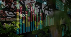 Translucent bar charts sliding right and fading, revealing leaves and fence, informing nature data. Overlay, transparent, layered, infographic, visualization, canopy, foliage - Powered by Shutterstock - Get 15% off with code: PIKWIZARD15