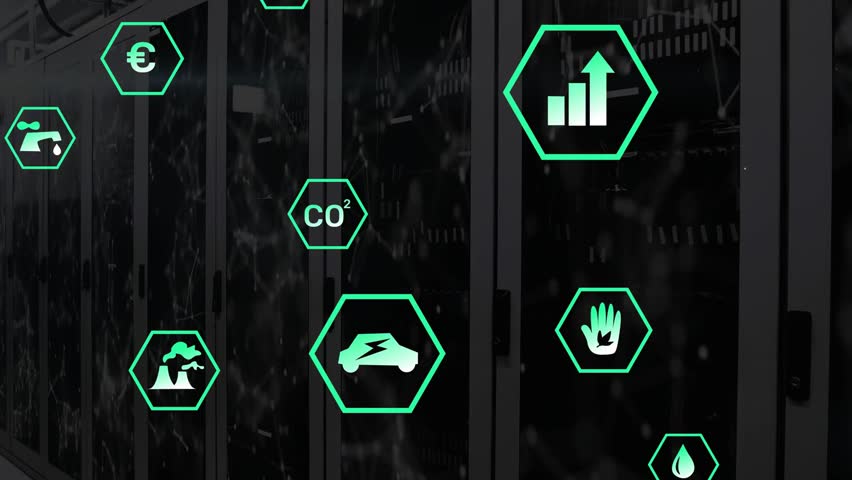 Data feed starting, neon-green hex icons, user avatars linking pulsing showing CO2 funds over racks. Network, visualization, cabinets, servers, nodes, neon, green