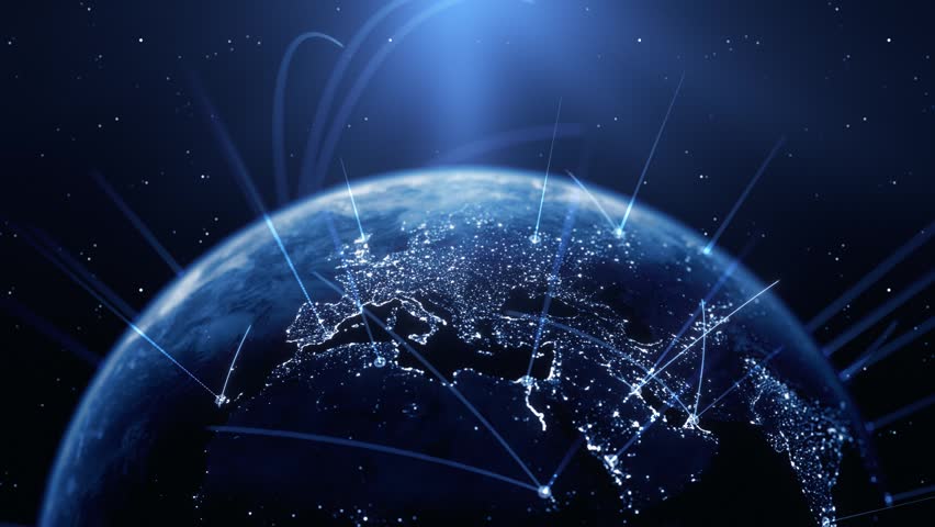 Global Connection Lines. Earth Network Data Transfer. Futuristic AI Technology, 5G, Globe Satellite Communication, Internet Connectivity, Big Data, Digital World Background Animation. Crypto Exchange