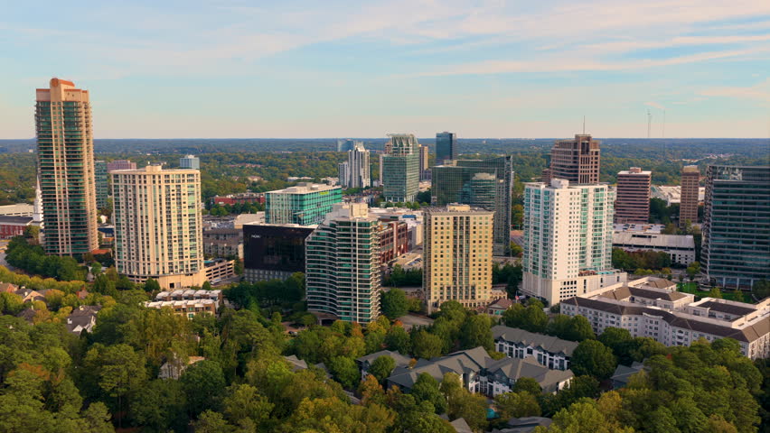 Atlanta Buckhead cityscape with tall corporate and residential skyscraper buildings and urban traffic. Modern American city uptown.
