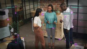 Center woman tapping tablet and leading business demo while AR purple markers showing data for team. Collaboration, interaction, standup, presentation, metrics, augmented, hologram - Powered by Shutterstock - Get 15% off with code: PIKWIZARD15