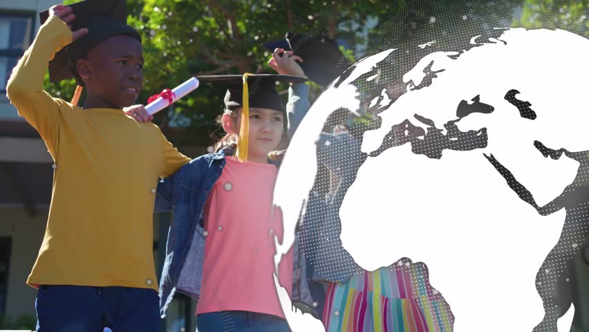 Left boy adjusting cap on center girl, globe covering right girl as trio stepping graduating. Graduation, celebration, students, outdoor, schoolyard, diploma, sunshine