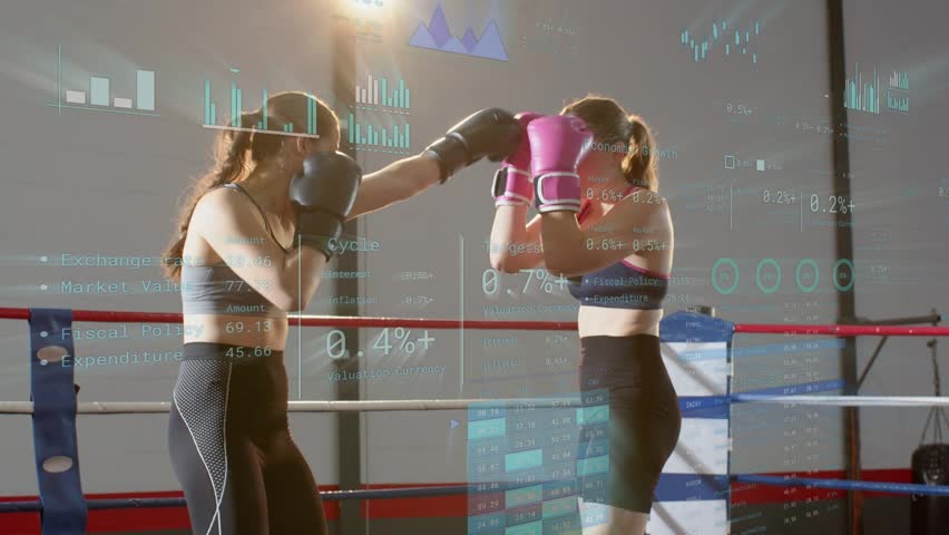 Left fighter stepping forward, two fighters trading kicks in ring, HUD displaying sports training. Sparring, boxing, kickboxing, gym, studio, athletic, dynamic