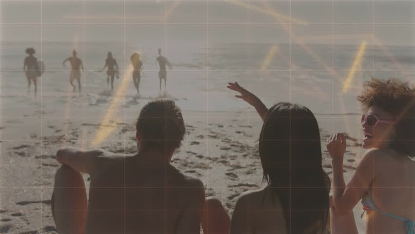 Trio sitting woman pointing heads turning watching runners entering sea, flares crossing travel. Beach, shoreline, sunlit, glare, waves, sunglasses, swimwear