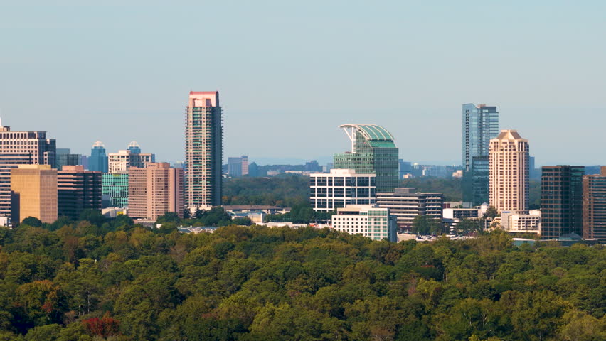 Buckhead Atlanta uptown city landscape with tall skyscraper buildings. Dynamic upscale urban environment in modern megapolis.