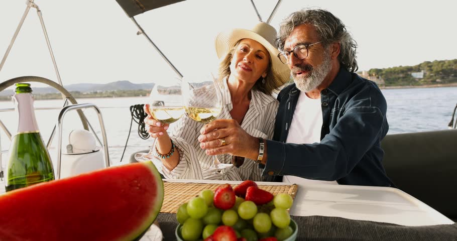 Mature couple celebrating with white wine during a romantic boat trip on the sea at sunset