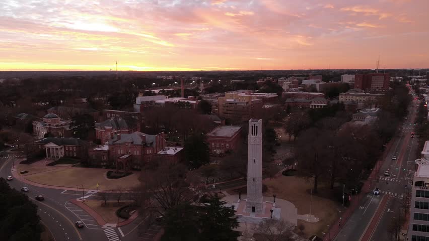 Aerial view of the bell tower and the campus of NC State University in Raleigh , NC