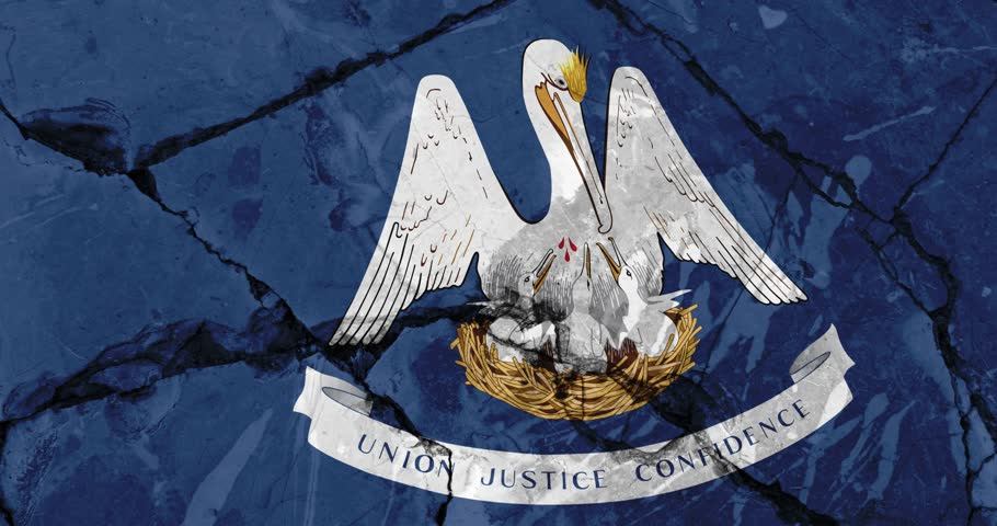 A panning video of a cracked wall with The louisiana state flag of the United States of America
