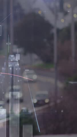 Vertical video: Main car nearing cam, market overlay appearing animating bars,trends to show data. Vehicle, street, urban, treelined, overcast, doubleexposure, vertical video