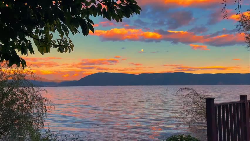 Serene lake at sunset with mountains