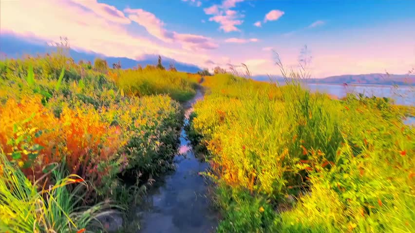 Serene landscape with a winding path through a lush green field under a blue sky with clouds