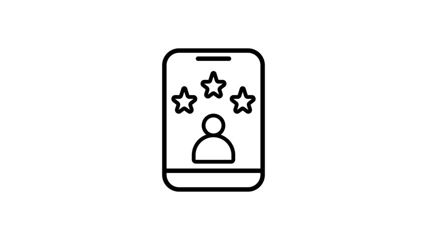 Smartphone with person and stars on screen, line art.