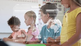 Four students drawing on tablets in class, sparking HUD linking charts, globe to tablets for lesson. Classroom, edtech, devices, stylus, overlay, interactive, learning - Powered by Shutterstock - Get 15% off with code: PIKWIZARD15