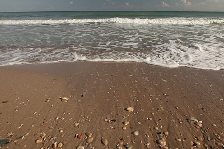 Waves wash shore sands.

