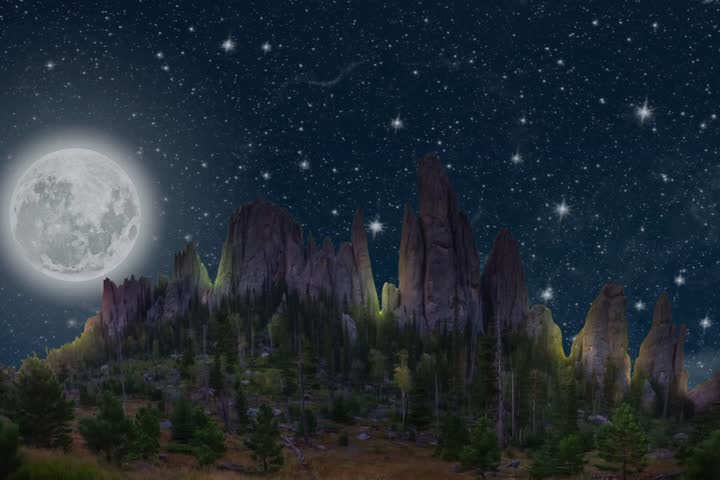 night landscape with stars, moon and trees, mountains, milky way and stars