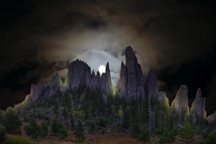 night landscape with stars, moon and trees, mountains, milky way and stars