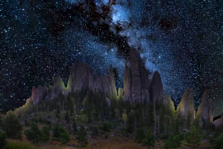 night landscape with stars, moon and trees, mountains, milky way and stars