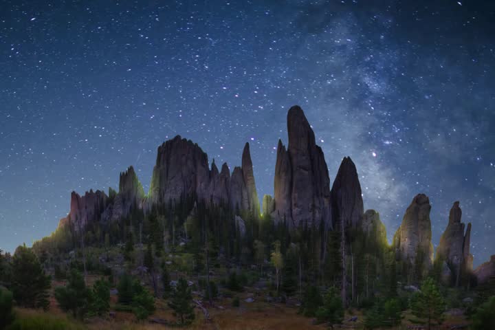 night landscape with stars, moon and trees, mountains, milky way and stars