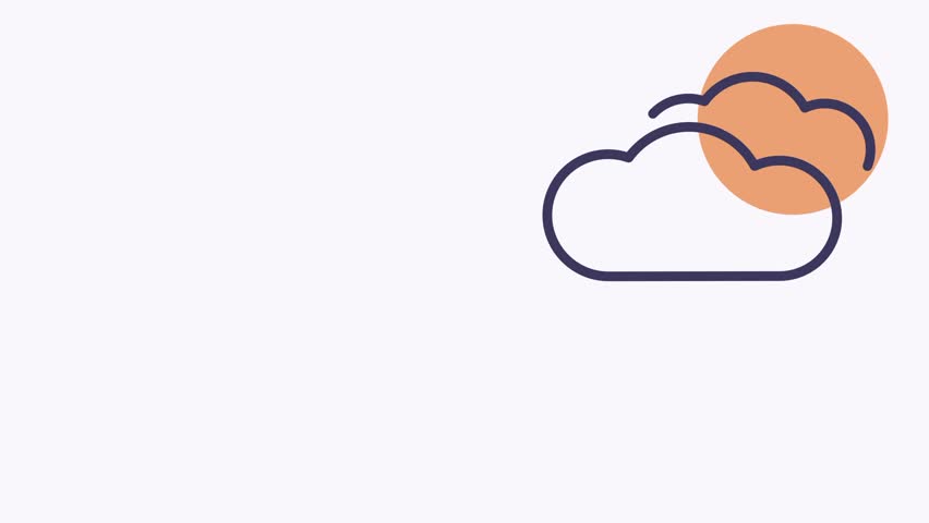 A clean minimal weather icon showing an orange sun partially hidden behind two overlapping navy blue outlined clouds on white background
