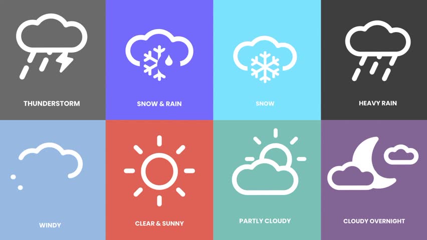 A grid collection of eight different flat weather icon tiles showing thunderstorm snow rain wind sunny partly cloudy and overnight conditions