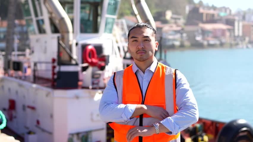 Professional asian cargo port worker wearing a high visibility vest and smiling confidently at the camera with his arms crossed, standing outdoors on a sunny day at a busy commercial harbor