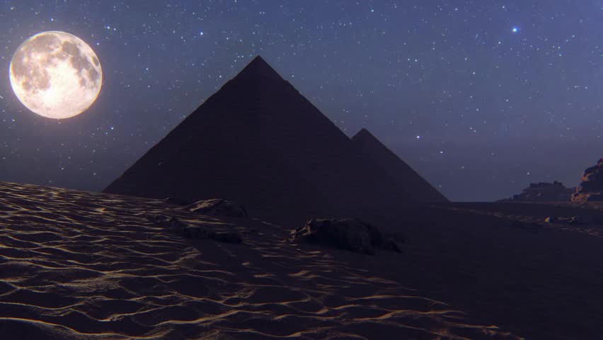 Enchanting nighttime view of the Great Pyramids of Giza, illuminated by a glowing full moon. Stars twinkle above, creating a magical ambiance over the Egyptian desert landscape.