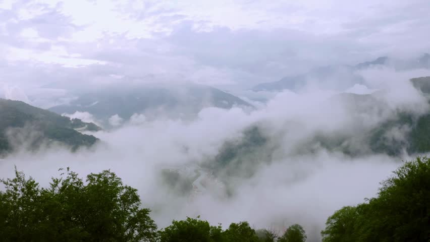 Mountains obscured by thick fog blankets the landscape under grey sky. Lush green treetops are visible in the foreground. Quiet, peaceful nature establishing establishing shot.