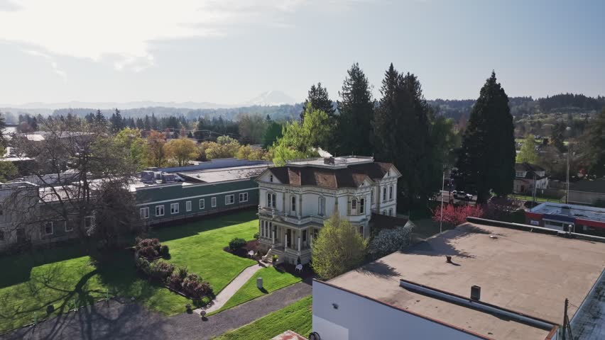 Historic Meeker Mansion On A Sunny Day In Puyallup, Washington, USA. Aerial Shot