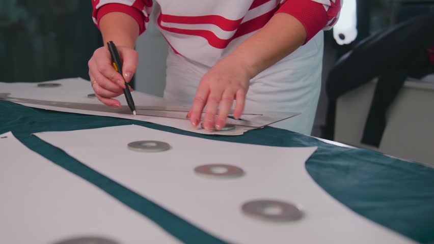 Person marks patterns on fabric pieces with precision. They wear a striped shirt while working. The fabric has circular metal accents. This footage suits fashion design, tailoring, or craft projects