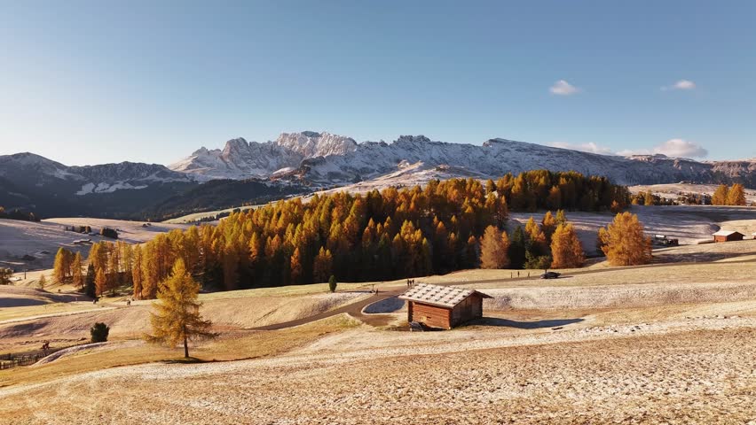 Stunning drone view of the Sassolungo mountain range, Langkofel in the Dolomites. Majestic alpine peaks covered in light snow, autumn colored forest all around, and yellow grass covered in morning white hoarfrost. Picturesque natural landscape