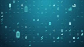 A seamless loop animation features a grid of green energy icons like wind turbines and batteries. This abstract pattern represents sustainable technology and a future smart grid. - Powered by Shutterstock - Get 15% off with code: PIKWIZARD15