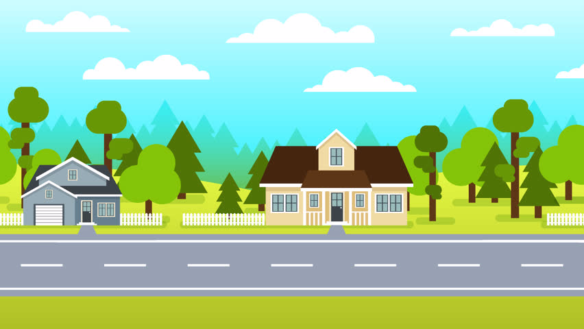 Suburban neighborhood with houses, trees, and road moving horizontally. Clean flat style background ideal for side scrolling scenes. Seamless loop animation