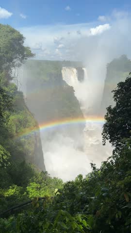 Majestic Victoria Falls in Namibia: A Late Afternoon Spectacle with Rainbow and Mist