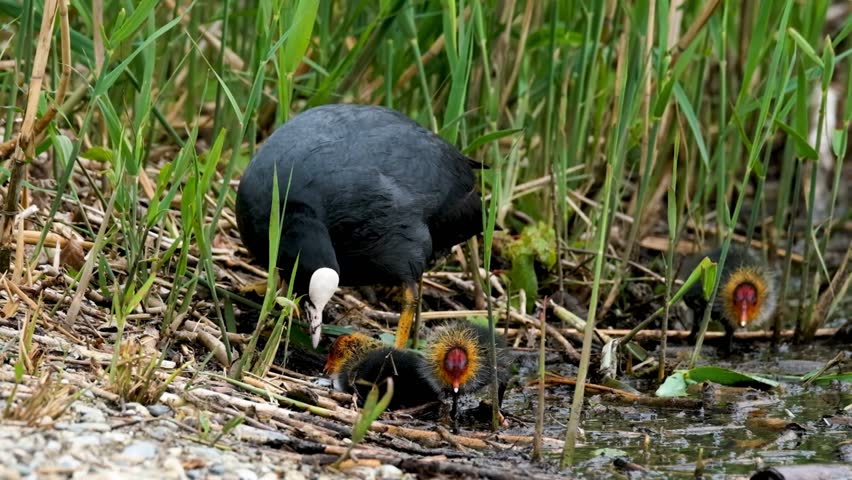 Common gallinule foraging with chicks in wetland habitat