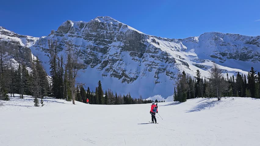 People ski downhill at Whistler in bright winter conditions, with snowy slopes, distant peaks, and a clear blue alpine sky.