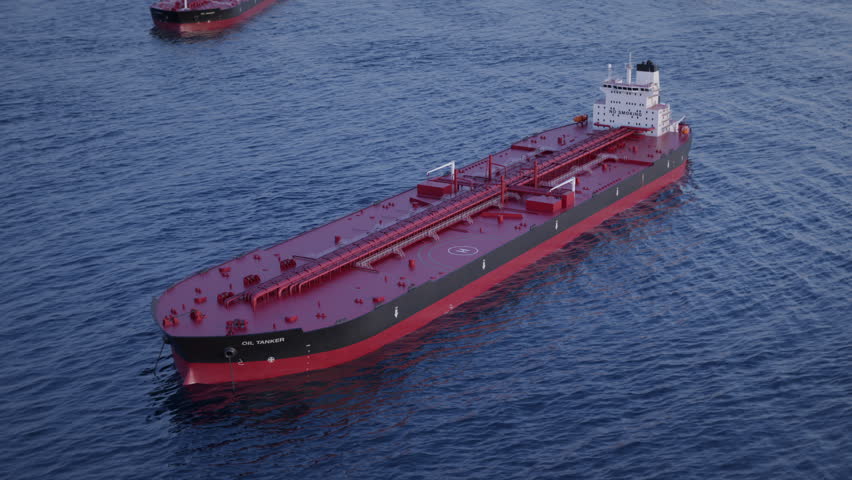 Drone Shot of Crude Oil Tanker Ships Anchored in Bay. Aerial View of Oil Tankers anchored offshore in the Sea. Strait of Hormuz Blockade concept. 3d Animation Render
