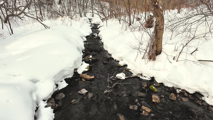 Snowy Woodland Stream Flowing Over Dark Rocks, Close Aerial Glide Along Narrow Creek, Bare Trees And Deep Snowbanks Framing Icy Channel, Gentle Ripples And Scattered Pebbles, Quiet Cold