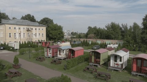 Drone Ascending Over Camping Cabins in Kolomna
