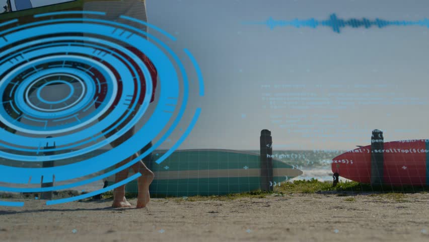 Woman carrying board walking to surf, man entering, blue circles shifting and tech overlay rising. Beach, couple, shoreline, waves, horizon, sunlit, barefoot