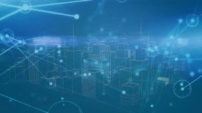 Holographic cityscape receiving data pulse, animating chart, pulsing nodes, tilting to show trends. Cyber, neon, wireframe, futuristic, visualization, dashboard, network - Powered by Shutterstock - Get 15% off with code: PIKWIZARD15