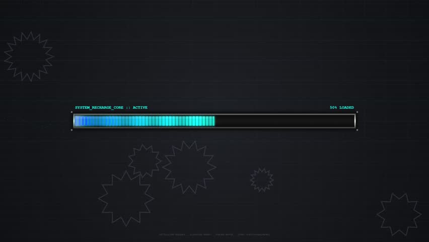 A sleek, futuristic loading bar displays progress with a vibrant blue and green gradient on a dark, abstract background with subtle digital elements.