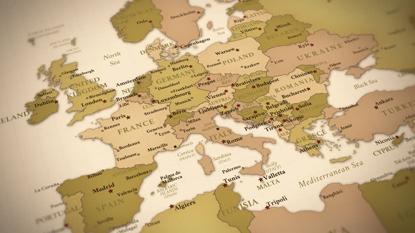 Vintage style map animation focused on Europe with smooth zoom toward Eastern Europe and the Baltic region. Warm sepia tones and antique atlas design create a classic historical aesthetic