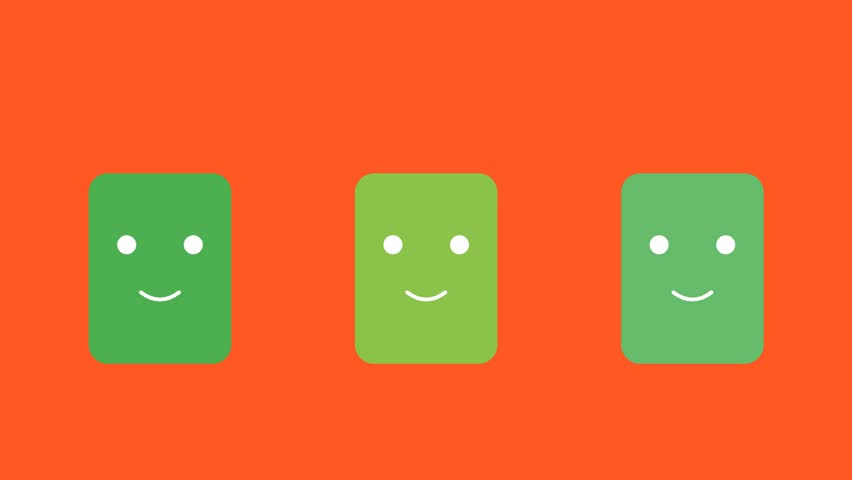 A minimalist animation featuring three stylized green rectangle characters with simple smiling faces moving dynamically on a bright orange background.