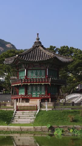 Gyeongbokgung Palace, Seoul, Jongno District, South Korea, in a spring sunny day, exterior view of main Korean royal palace with Bugaksan mountain in the background, museum and palace