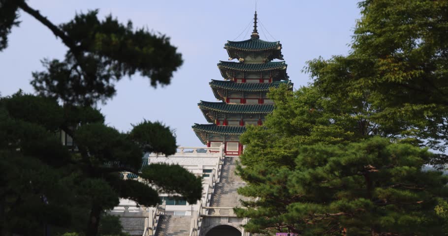 Gyeongbokgung Palace, Seoul, Jongno District, South Korea, in a spring sunny day, exterior view of main Korean royal palace with Bugaksan mountain in the background, museum and palace