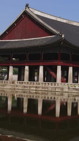 Gyeongbokgung Palace, Seoul, Jongno District, South Korea, in a spring sunny day, exterior view of main Korean royal palace with Bugaksan mountain in the background, museum and palace