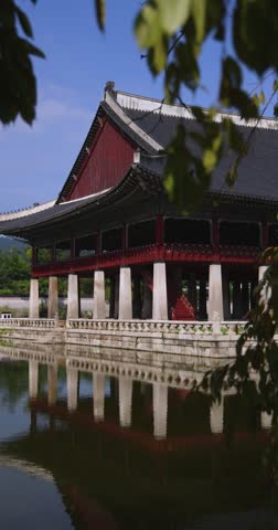 Gyeongbokgung Palace, Seoul, Jongno District, South Korea, in a spring sunny day, exterior view of main Korean royal palace with Bugaksan mountain in the background, museum and palace